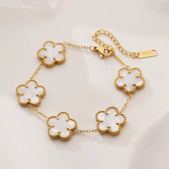 Jewelry - Gold-Toned Stainless Steel White Flower Motif Bracelet